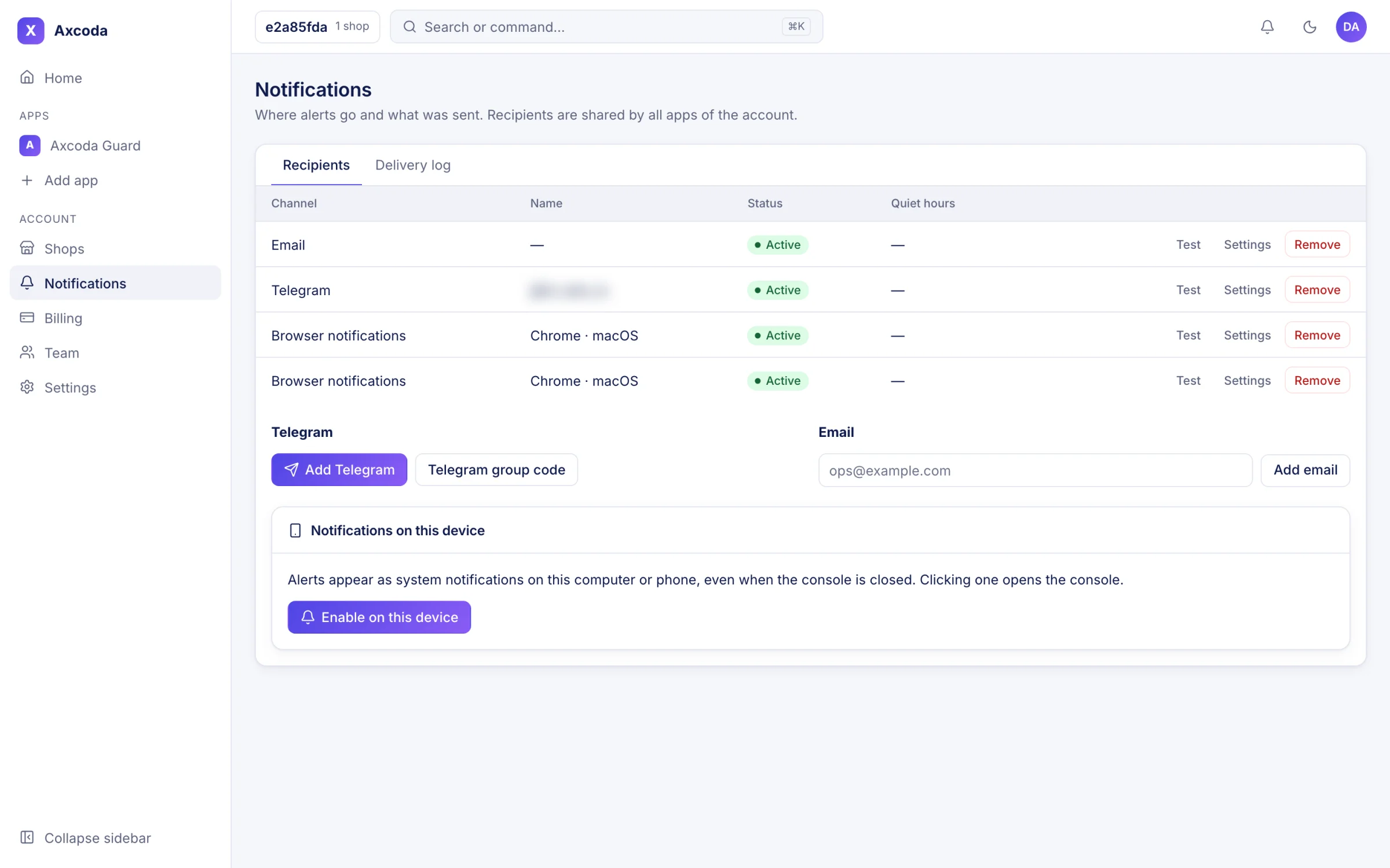 Recipients: Alerts to email, Telegram and browser notifications.